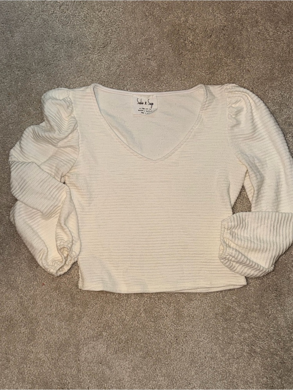 Sadie & Sage Cream Ribbed V-Neck Puff-Sleeve Top